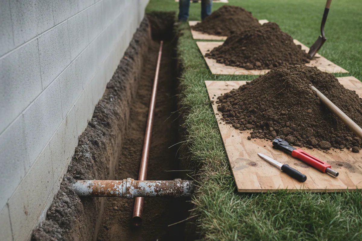 Excavated water line trench during Water Softener Installation in Shattuck